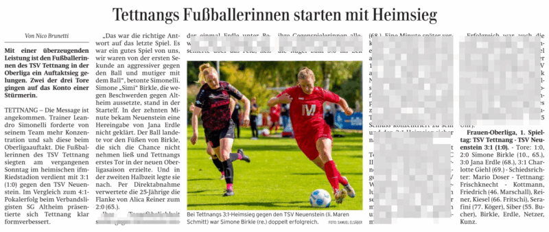 Tettnangs Fußballerinnen starten mit Heimsieg: Foto Samuel Elsäßer Bericht im Regio Sport der Schwäbischen Zeitung am 18.9.2025