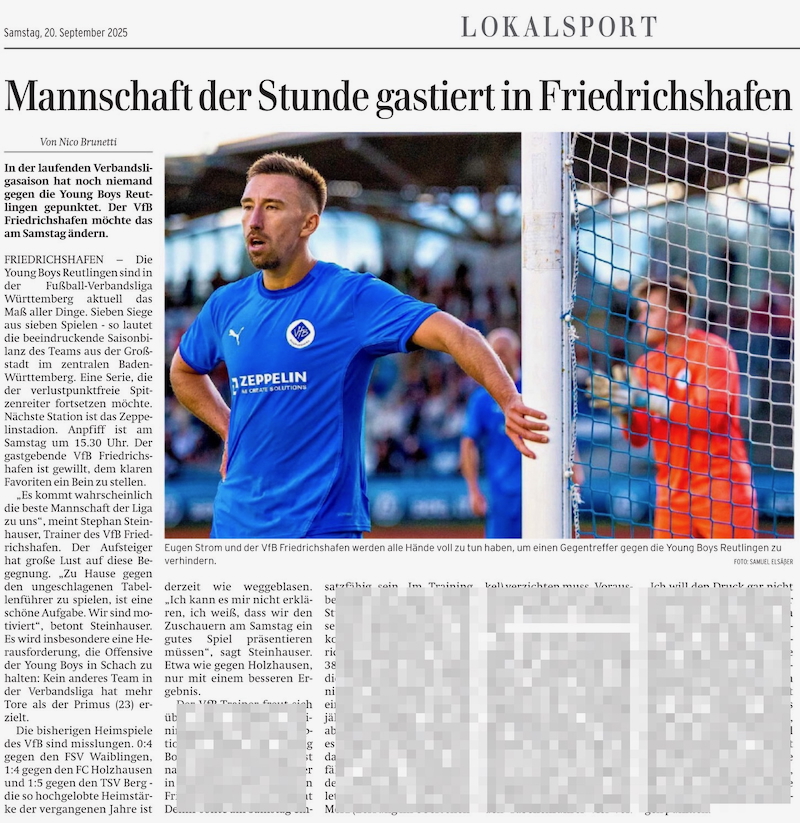 Mannschaft der Stunde gastiert in Friedrichshafen - Photo: Samuel Elsäßer "Mannschaft der Stunde gastiert in Friedrichshafen" - Eugen Strom vom VfB Friedrichshafen wartet auf den Eckball.