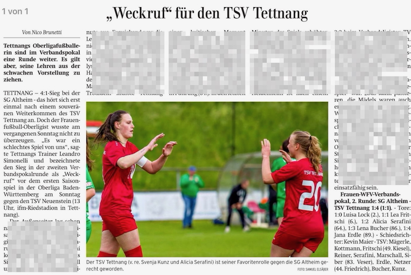 "Weckruf" für den TSV Tettnang "Weckruf" für den TSV Tettnang - Bericht im Regio Sport der Schwäbischen Zeitung am 13. Sep 2025
