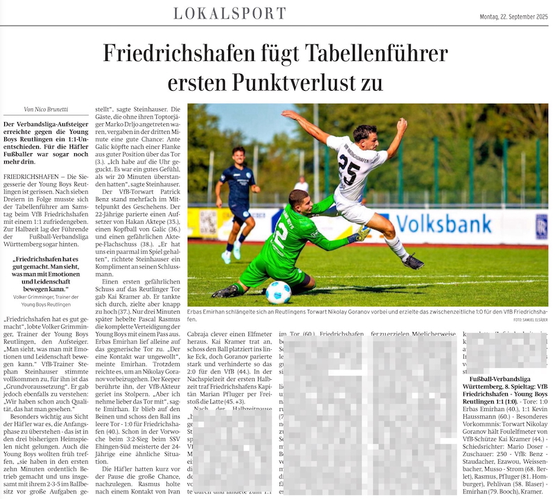Friedrichshafen fügt Tabellenführer ersten Punktverlust zu  - Foto: Samuel Elsäßer "Friedrichshafen fügt Tabellenführer ersten Punktverlust zu" - Artikel in der Schwäbischen Zeitung am 22.09.2025