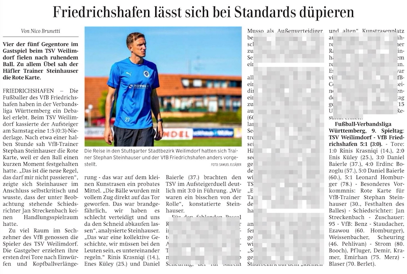 Friedrichshafen lässt sich bei Standards düpieren  - Photo: Samuel Elsäßer "Friedrichshafen lässt sich bei Standards düpieren" - Artikel in der Schwäbischen Zeitung am 28.9.2025