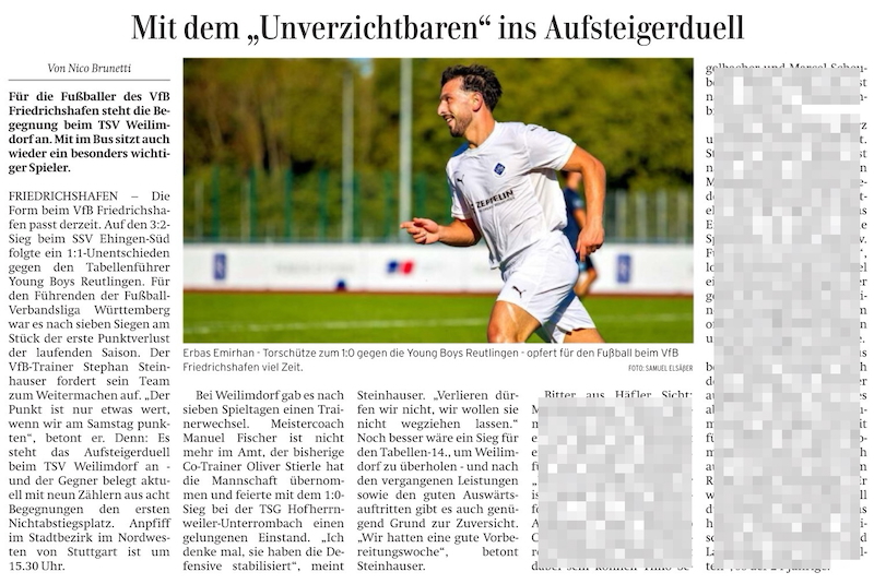 Mit dem „Unverzichtbaren ins Aufsteigerduell  - Photo: Samuel Elsäßer "Mit dem Unverzichtbaren ins Aufsteigerduell" - Artikel in der Schwäbischen Zeitung am 26.9.2025