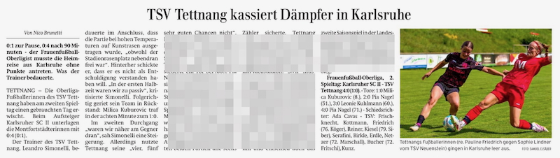 TSV Tettnang kassiert Dämpfer in Karlsruhe  - Photo: Samuel Elsäßer "TSV Tettnang kassiert Dämpfer in Karlsruhe" - Artikel in der Schwäbischen Zeitung am 25.9.2025