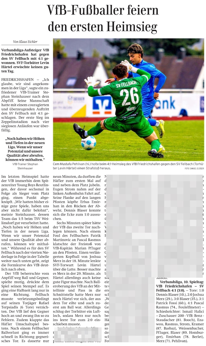 VfB-Fußballer feiern den ersten Heimsieg  - Photo: Samuel Elsäßer "VfB-Fußballer feiern den ersten Heimsieg" - Artikel in der Schwäbischen Zeitung am 6.10.2025