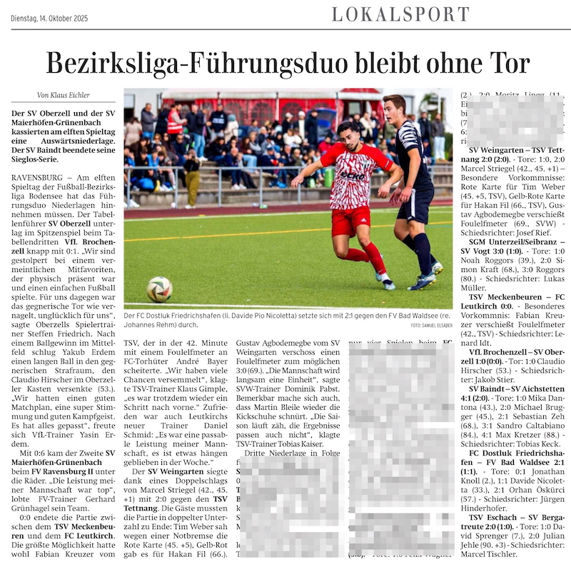 Bezirksliga-Führungsduo bleibt ohne Tor - Foto: Samuel Elsäßer "Bezirksliga: Leaders fail to score" - newspaper article in the Schwabian Newspaper on October 14, 2025 (Photo: Samuel Elsaesser)