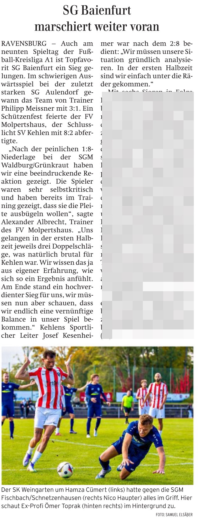 SG Baienfurt marschiert weiter voran - Foto: Samuel Elsäßer "SG Baienfurt keeps moving forward" - newspaper article in the Schwabian Newspaper on October 15, 2025 (Photo: Samuel Elsaesser)